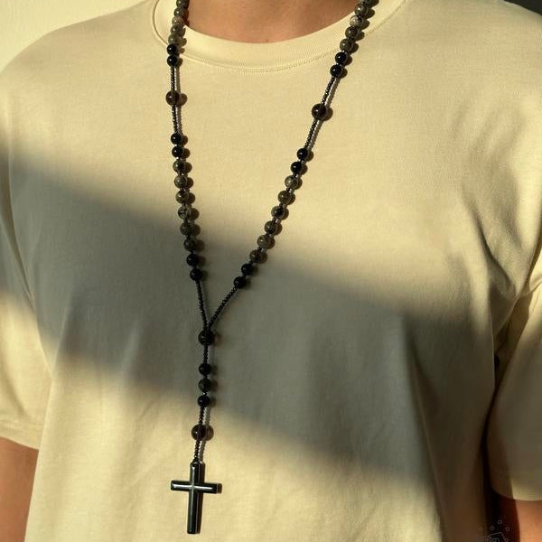 Collar Rosario de Obsidiana con Cruz - Vortex™