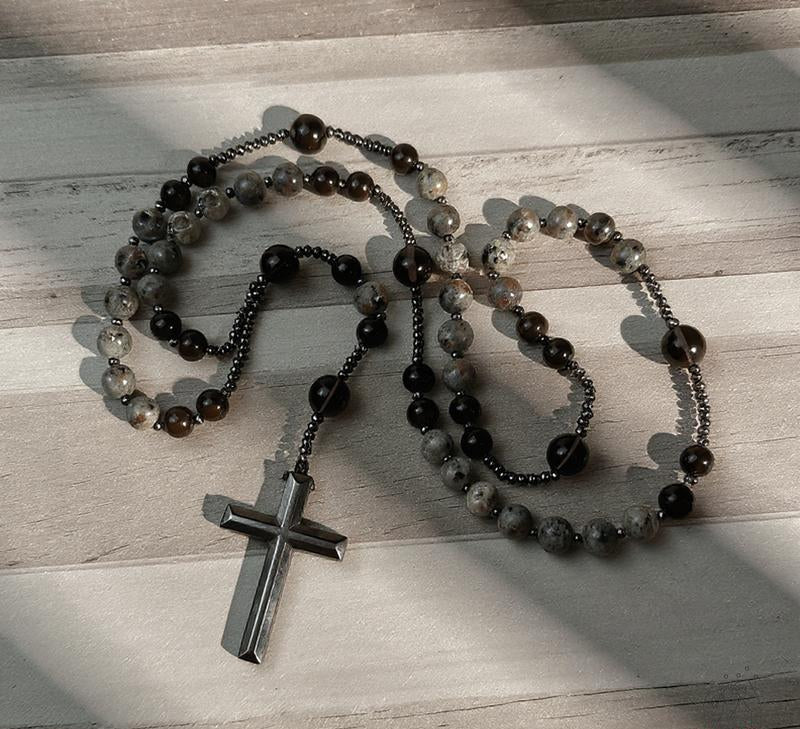 Collar Rosario de Obsidiana con Cruz - Vortex™