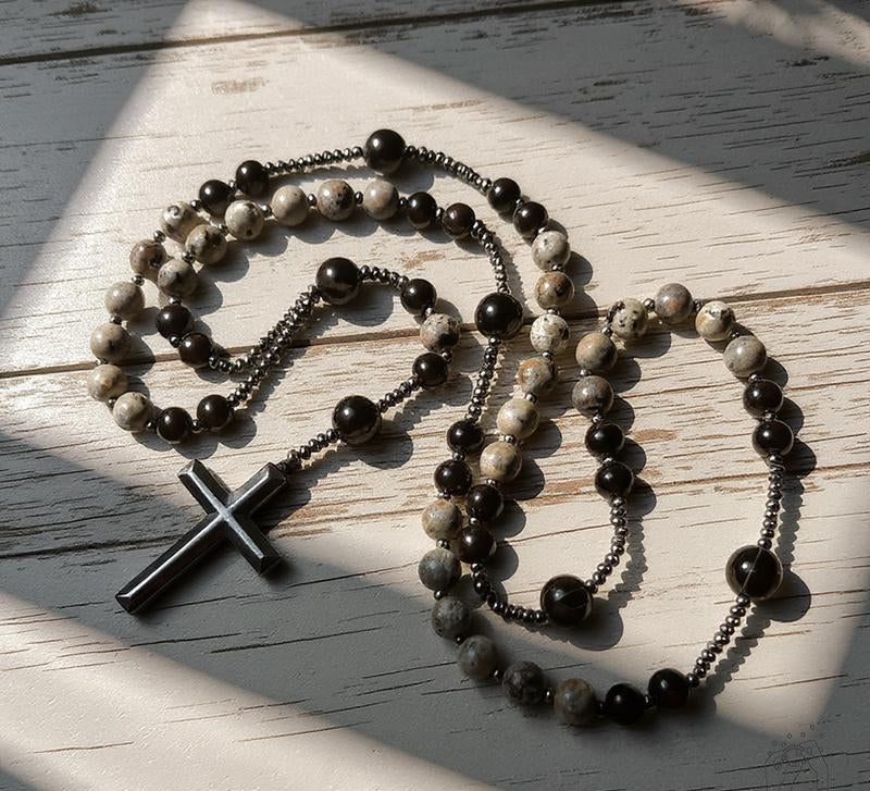 Collar Rosario de Obsidiana con Cruz - Vortex™